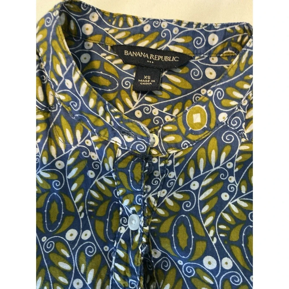 Banana Republic Blue Multi Floral Ruffled Neckline ‎ Pin-tucked Shirt XS